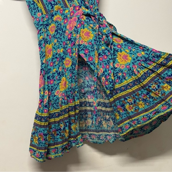 Zesica Wrap V Neck Boho Floral Print Ruffle Swing A Line Beach Mini Dress Green - Picture 4 of 8